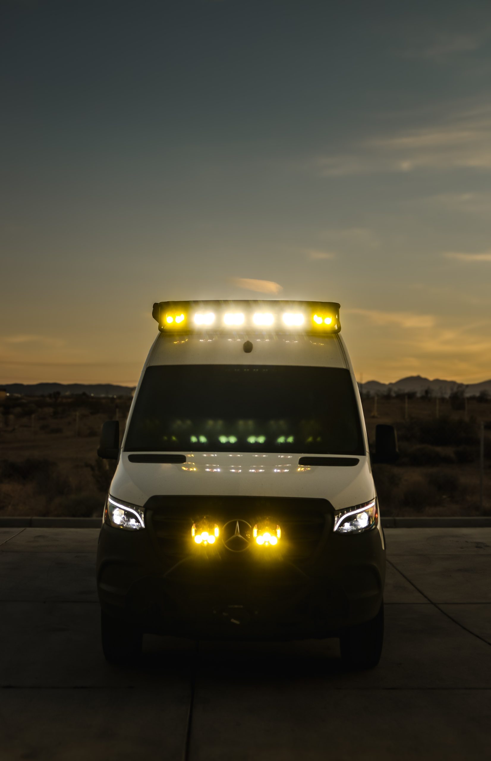170 Wheelbase Mercedes Sprinter Van with a Rugged Design Concepts Roof Rack, Baja LP 6 Rack with Sprinter with Baja Designs LP6 Lights