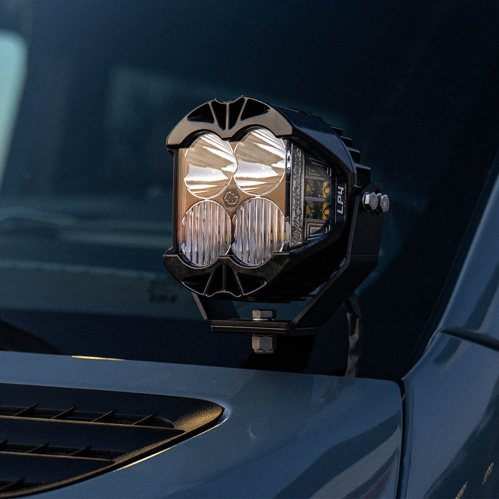 Baja Designs LP4 LED light mounted on the A-pillar bracket of a 2019+ Mercedes Sprinter van